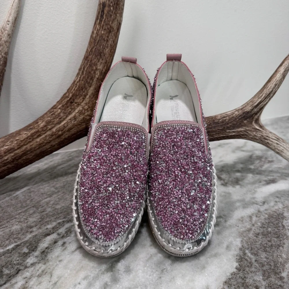 Muguan Pink Rhinestone Platform Slip On Sneakers Crystal Embellished Loafers 250
